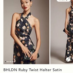 BHLDN Floral Halter Satin Dress - Navy